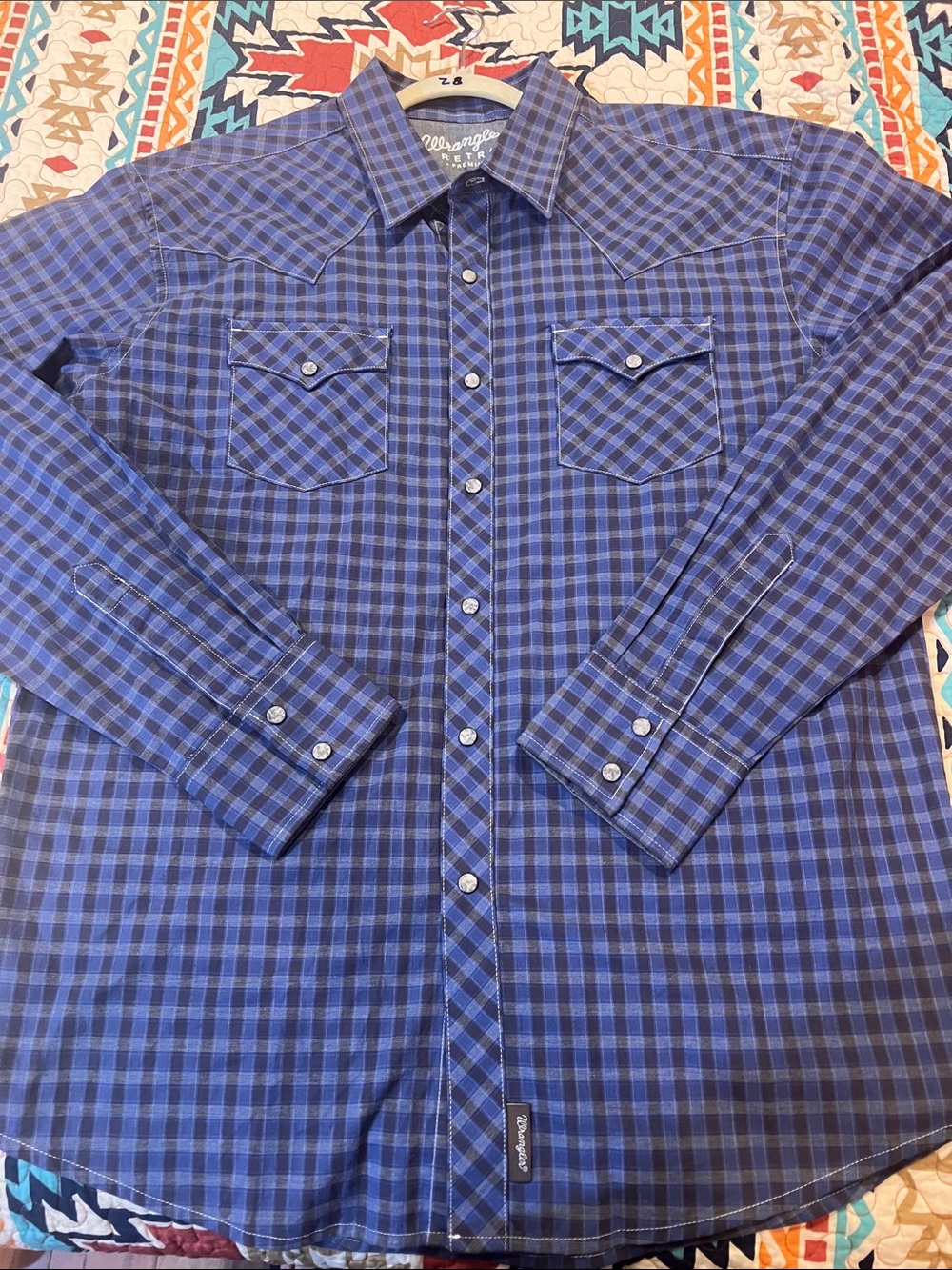 Wrangler RETRO Blue and Black Plaid Western Button-Down Shirt